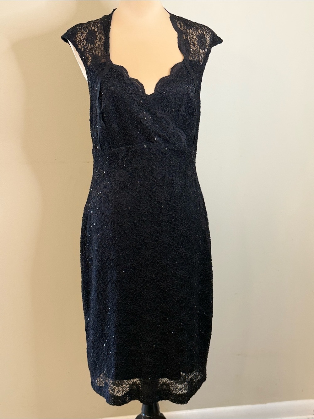 Roz & Ali black lace midi dress sequin open back cap sleeve SZ 12